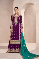 Designer Purple contrasting pure silk dress with deatiled embroidery work